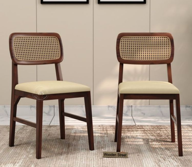 Mid-Century Wooden Dining Chair Set of 2 with Cane Backrest & Cushioned Seat – Solid Wood Modern Dining/Accent Chair (Walnut Finish)