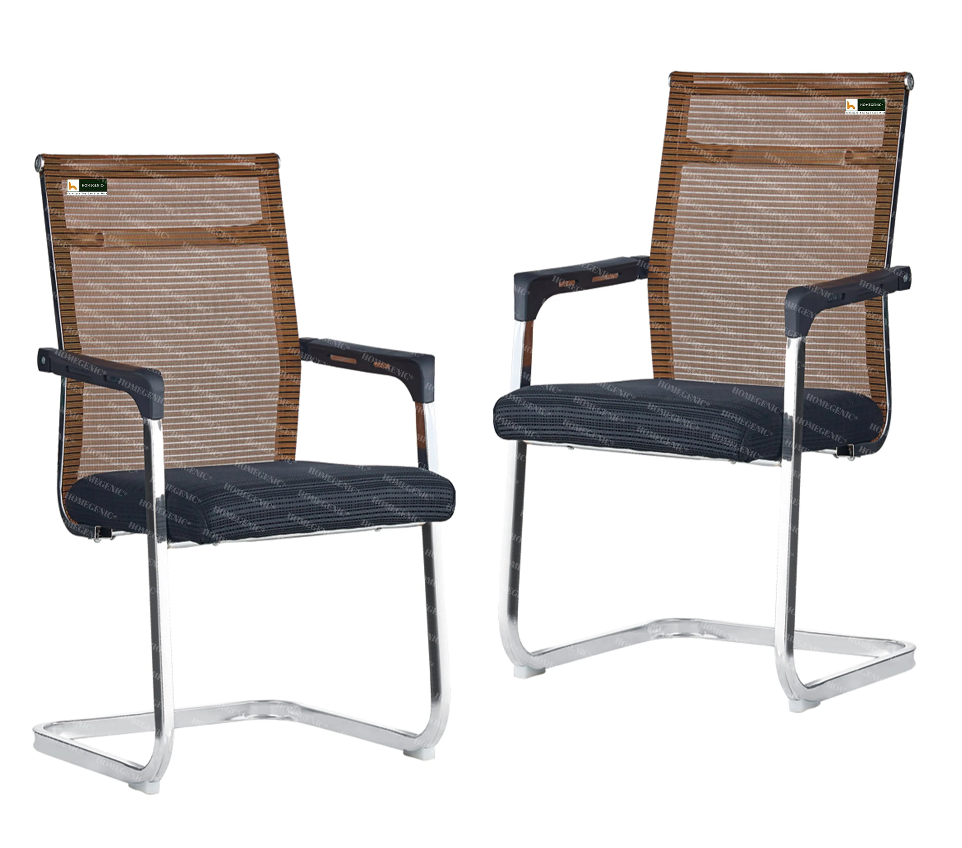 Modern Cantilever Visitor Chair Set of 2 – Cushioned Seat with Breathable Mesh Back & Chrome Finish Frame – Office/Reception/Conference Chair (Brown & Black)